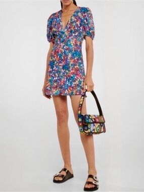 STAUD Milla Floral-Print Crêpe de Chine Short Puff Sleeve V Neck Mini Dress NEW